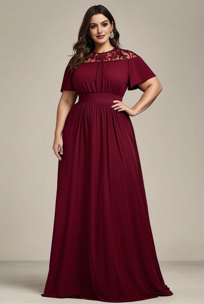 plus size simple chiffon pleated a line round neckline bridesmaid dress 149838