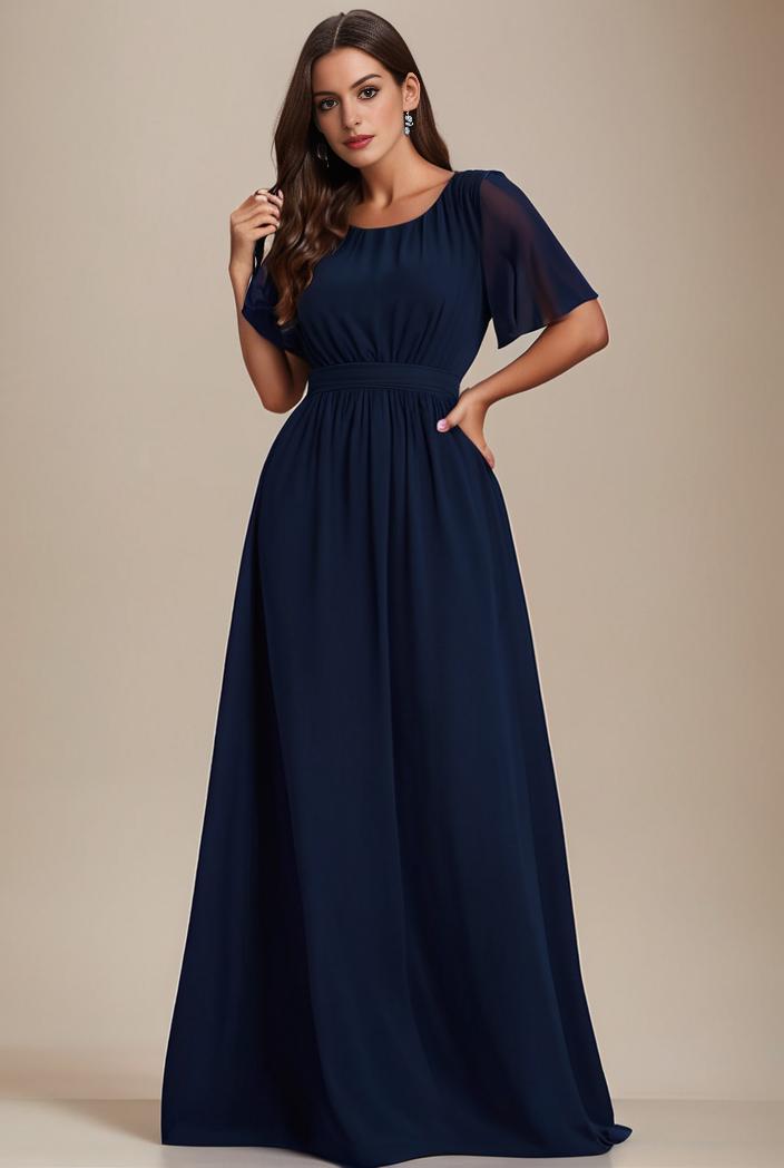 plus size simple chiffon pleated a line round neckline bridesmaid dress 149852
