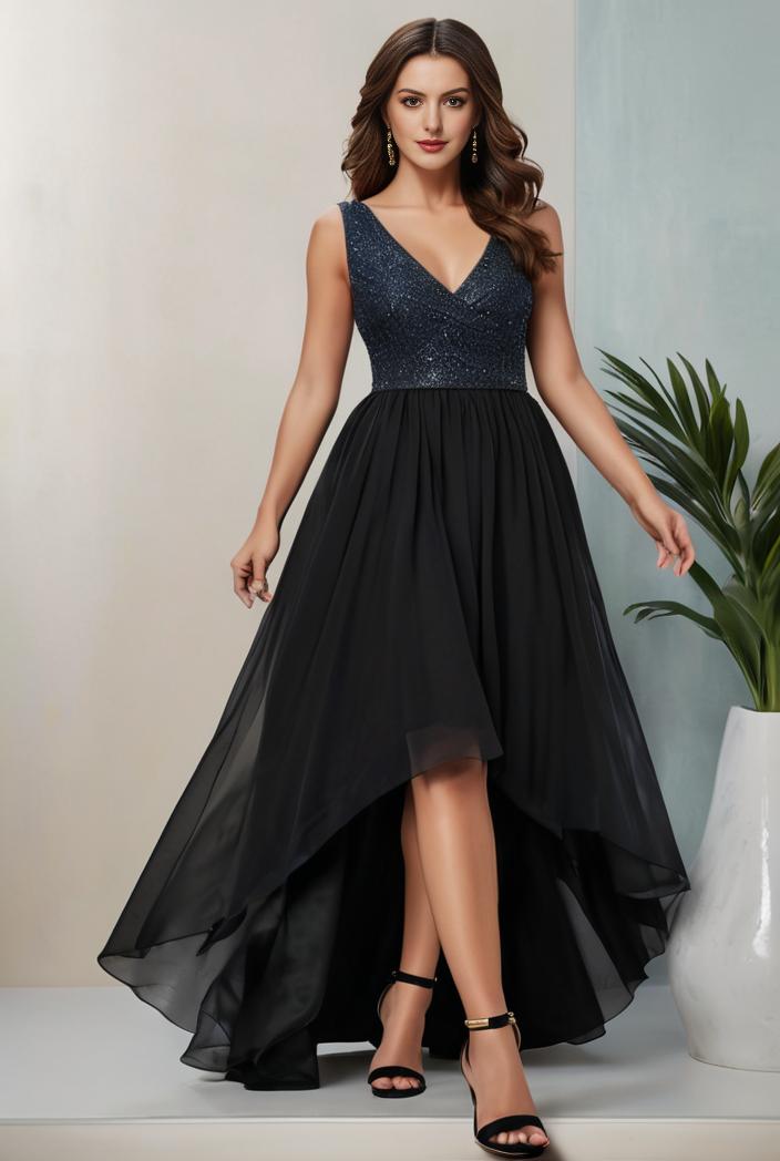 plus size sequin high low deep v neck tulle evening dresses 124589