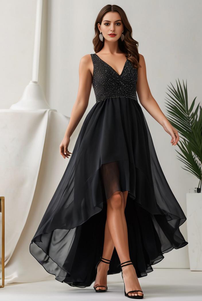 plus size sequin high low deep v neck tulle evening dresses 124592