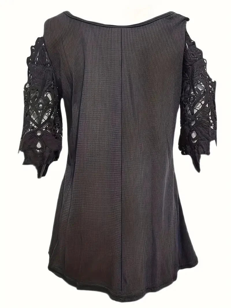Zipper Detail Cold Shoulder Lace Top, Stylish V Neck Short Sleeve T-Shirt, Everyday Casual Women's Top