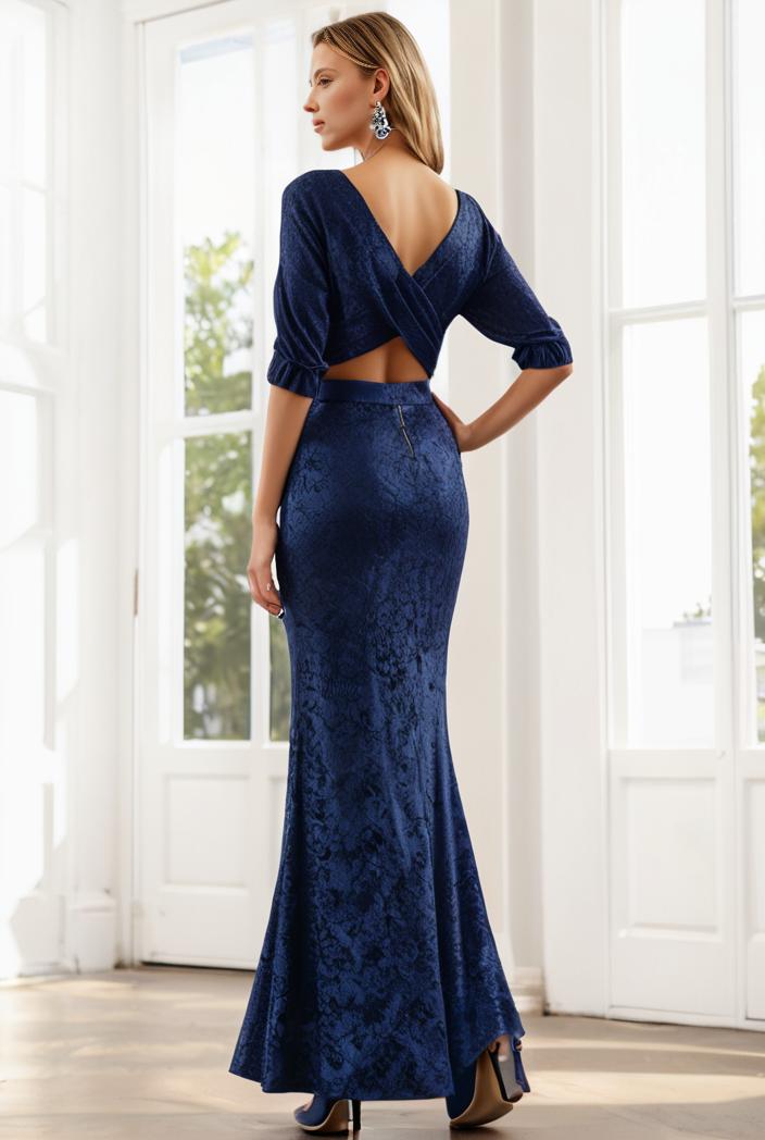 3 4 sleeve bodycon plunging back sequin evening dress 136928