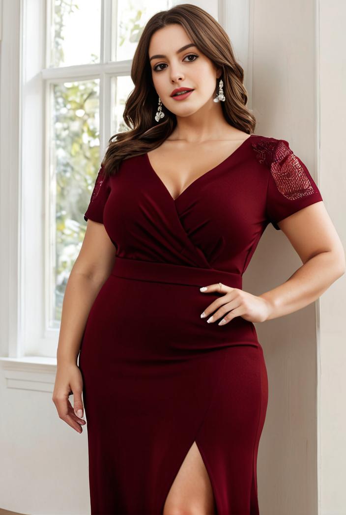 plus size front slit short sleeve with sequin mother of the bride dress 116841