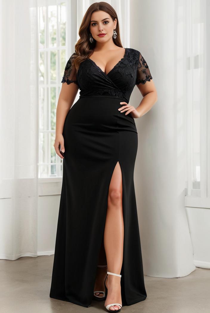plus size front slit short sleeve with sequin mother of the bride dress 116843