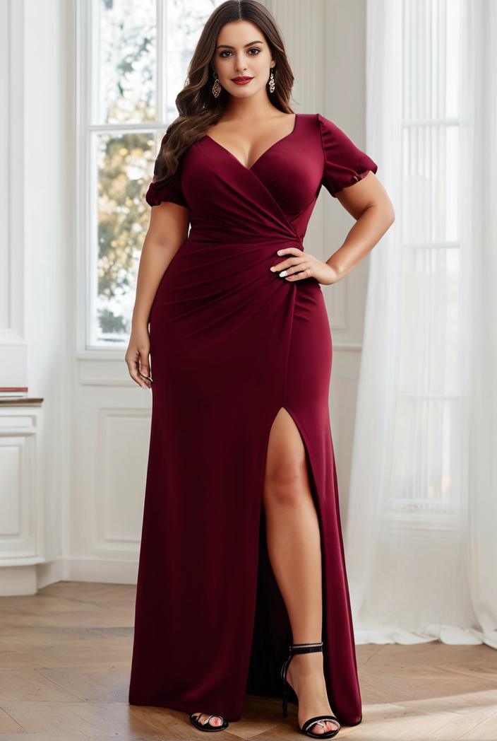 plus size front slit short sleeve with sequin mother of the bride dress 116853