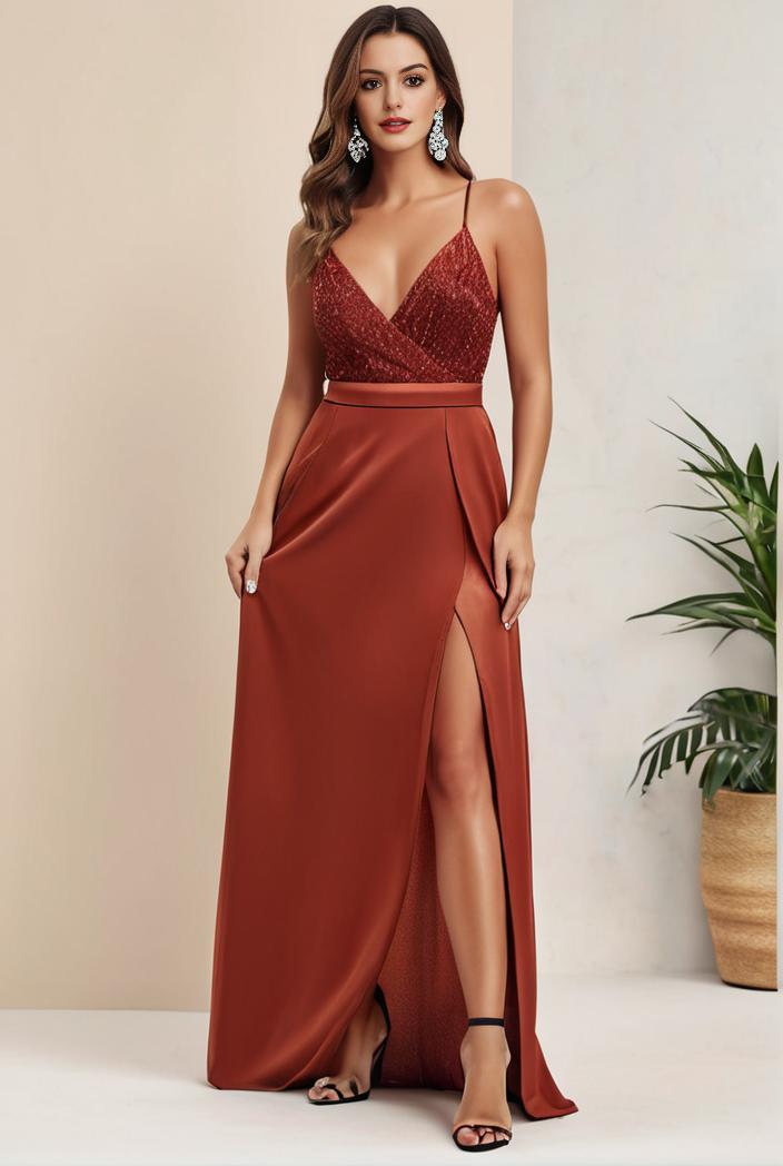 plus size shiny v neck side slit formal evening dress 118437