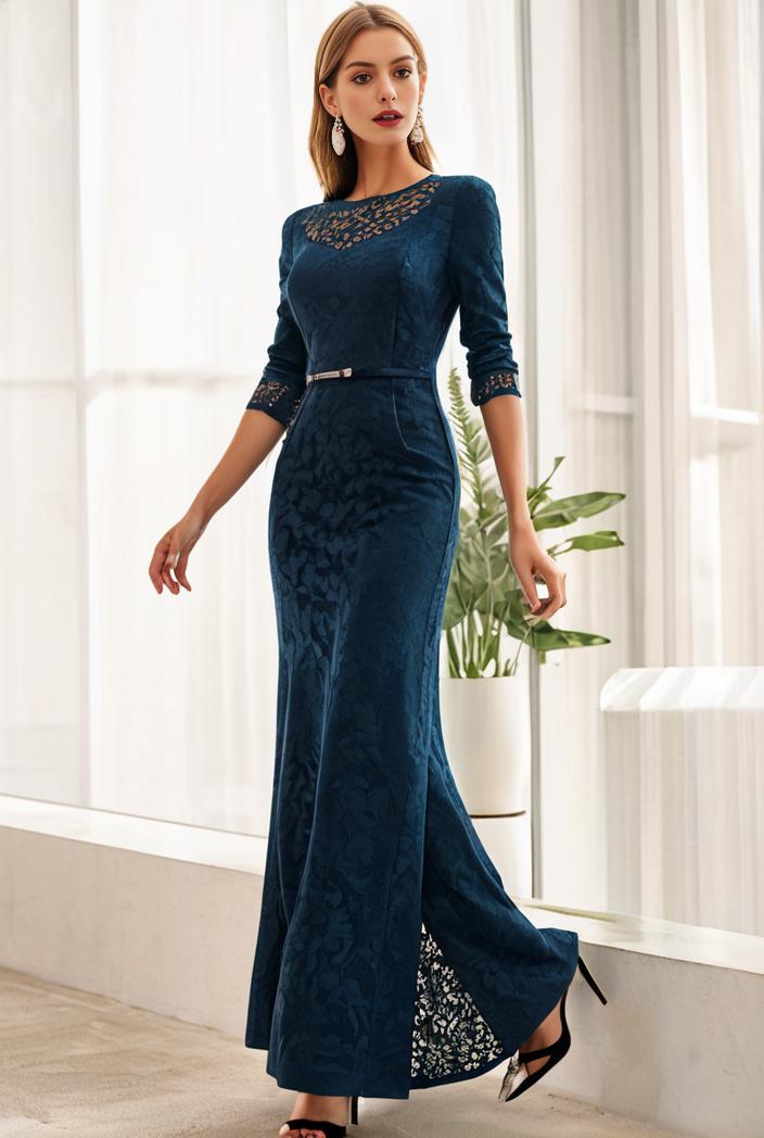 3 4 sleeve bodycon plunging back sequin evening dress 126610