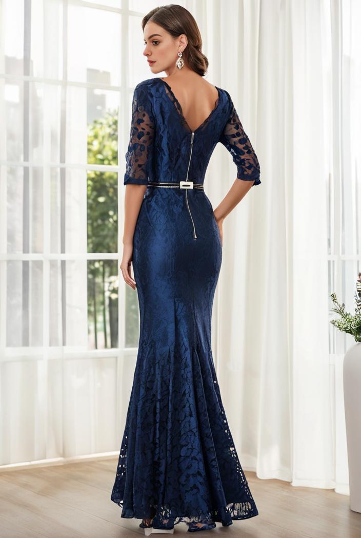 3 4 sleeve bodycon plunging back sequin evening dress 126620
