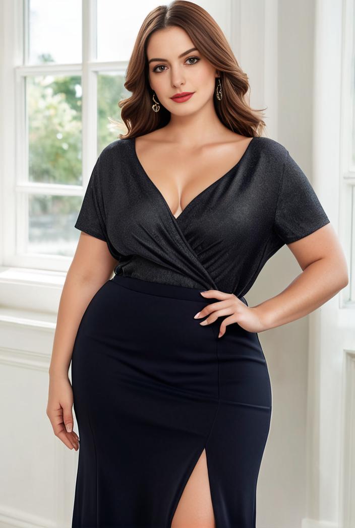 deep v neck sequin short sleeve high side front slit mother of the bride dress 128308
