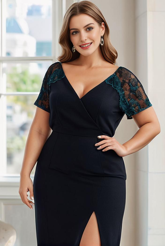 deep v neck sequin short sleeve high side front slit mother of the bride dress 128313