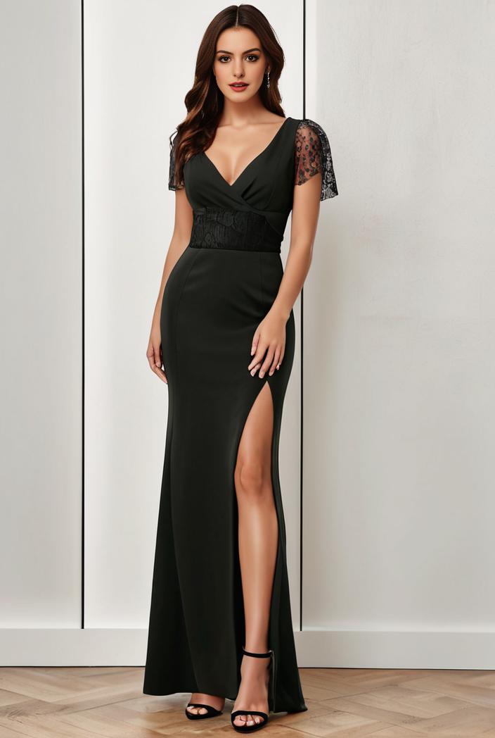 deep v neck sequin short sleeve high side front slit mother of the bride dress 128322
