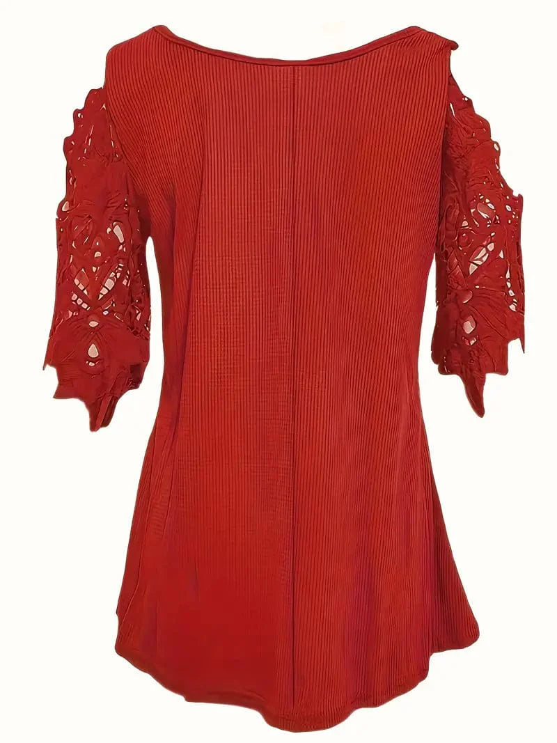 Zipper Detail Cold Shoulder Lace Top, Stylish V Neck Short Sleeve T-Shirt, Everyday Casual Women's Top