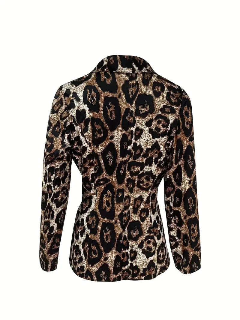 Leopard Print Casual Blazer with Lapel, Long Sleeve Women's Outerwear