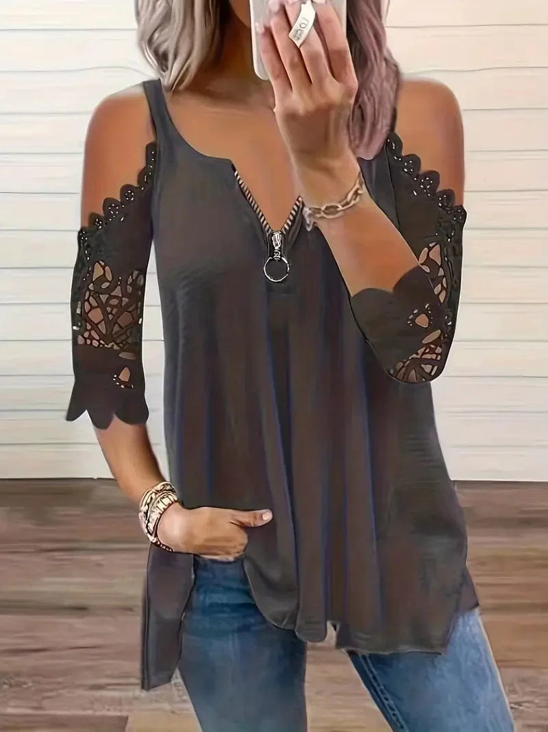 Zipper Detail Cold Shoulder Lace Top, Stylish V Neck Short Sleeve T-Shirt, Everyday Casual Women's Top