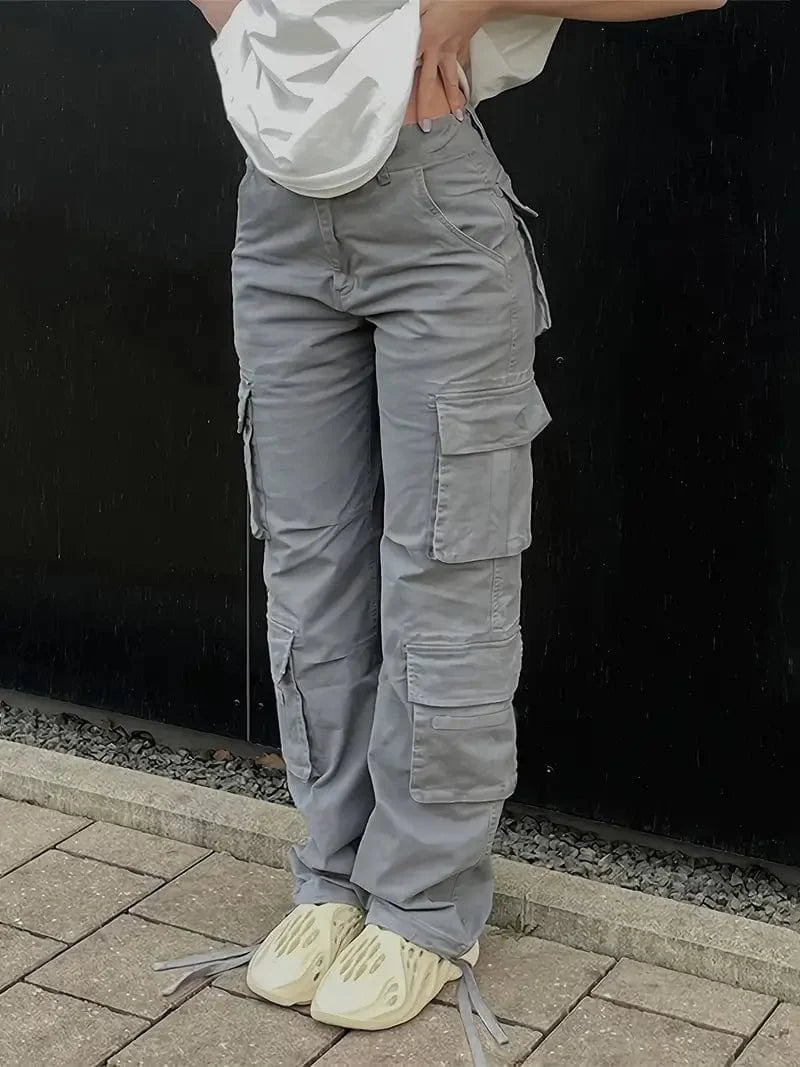 90s Retro Style Women's Cargo Overalls with High Waist and Wide Legs