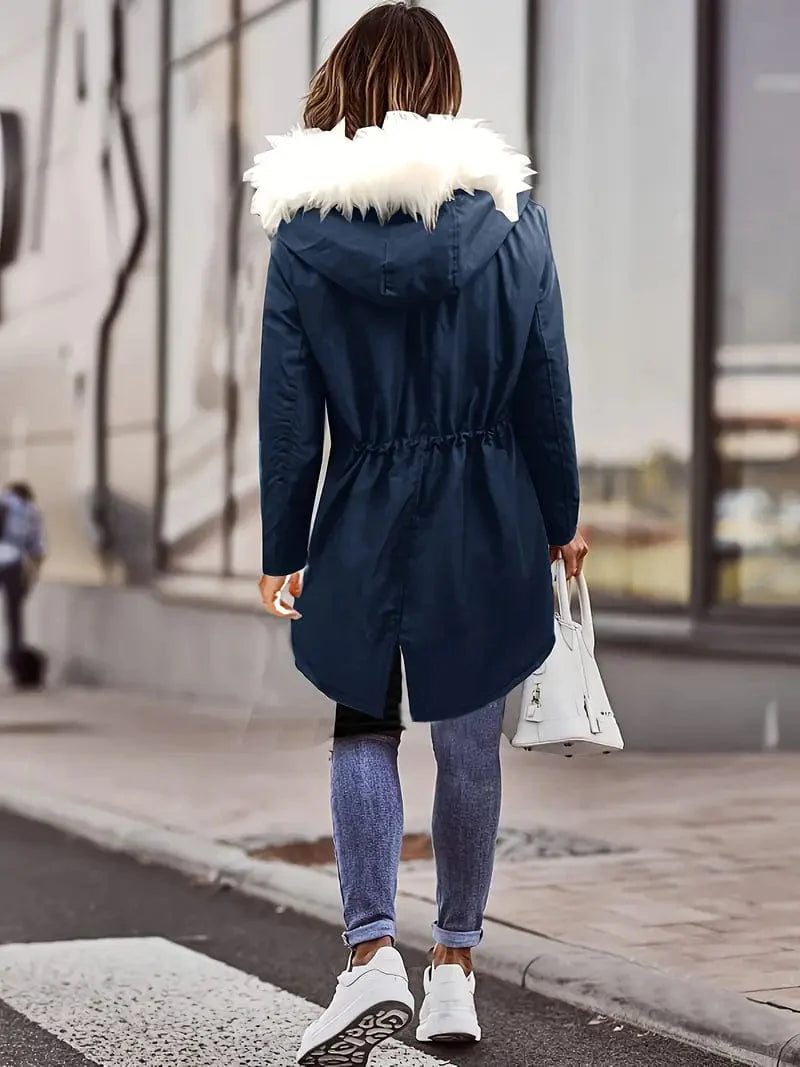 Zip-Up Faux Fur Hood Parka Coat with Thermal Lining
