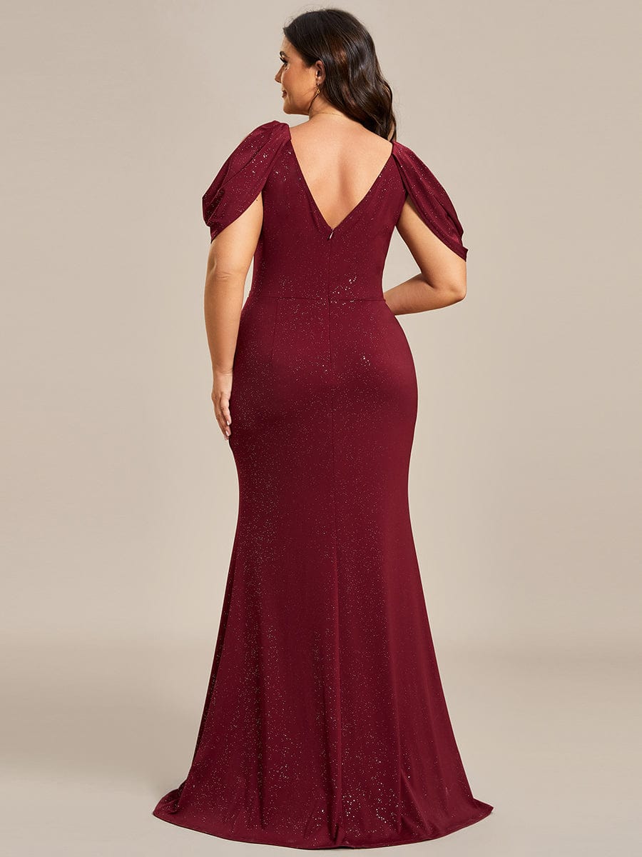 Glittering Plus Size Cold Shoulder Evening Gown with Shimmering Belt