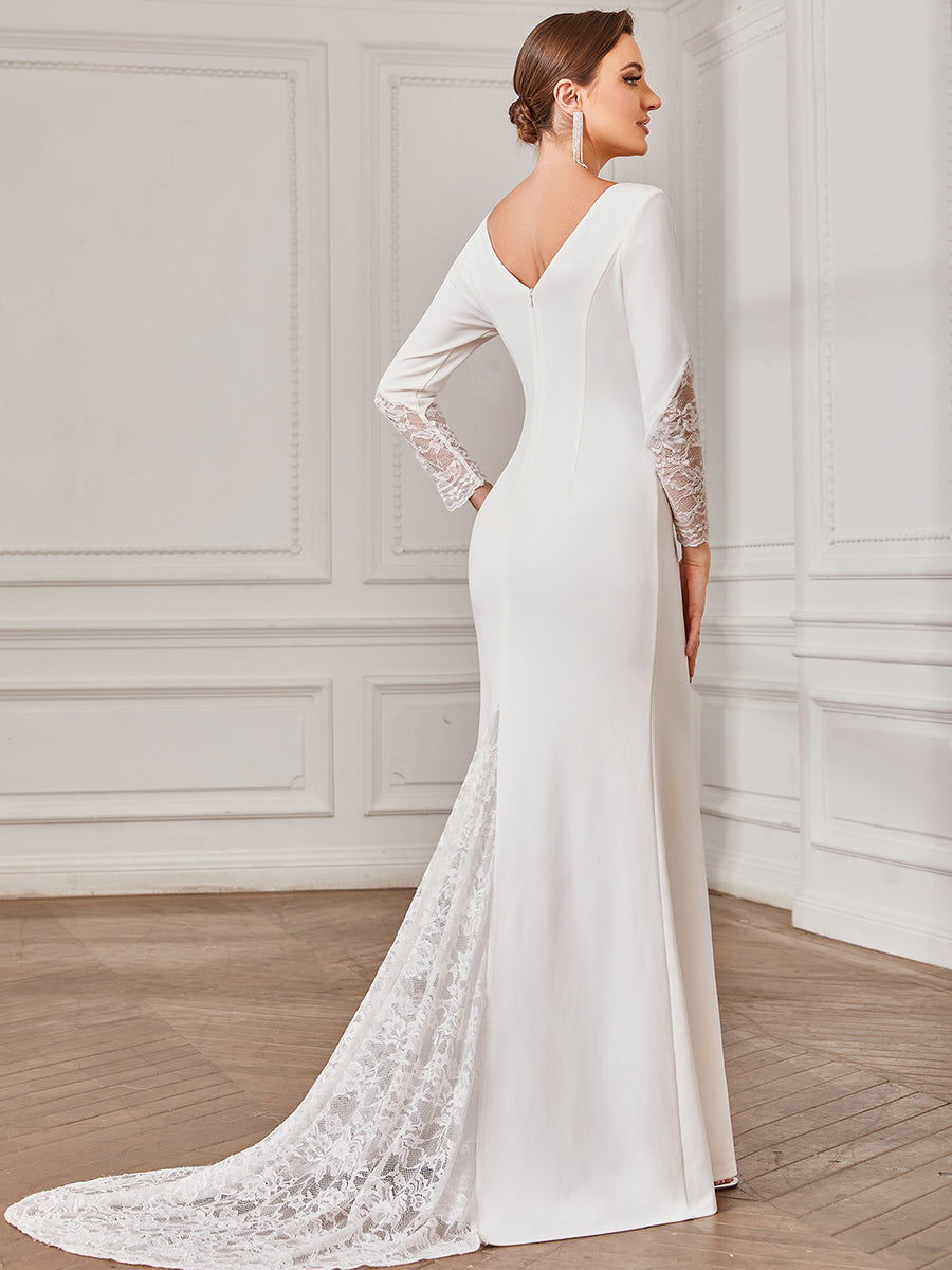 A-line Lace Wedding Gown with Long Sleeves and Plunging Neckline