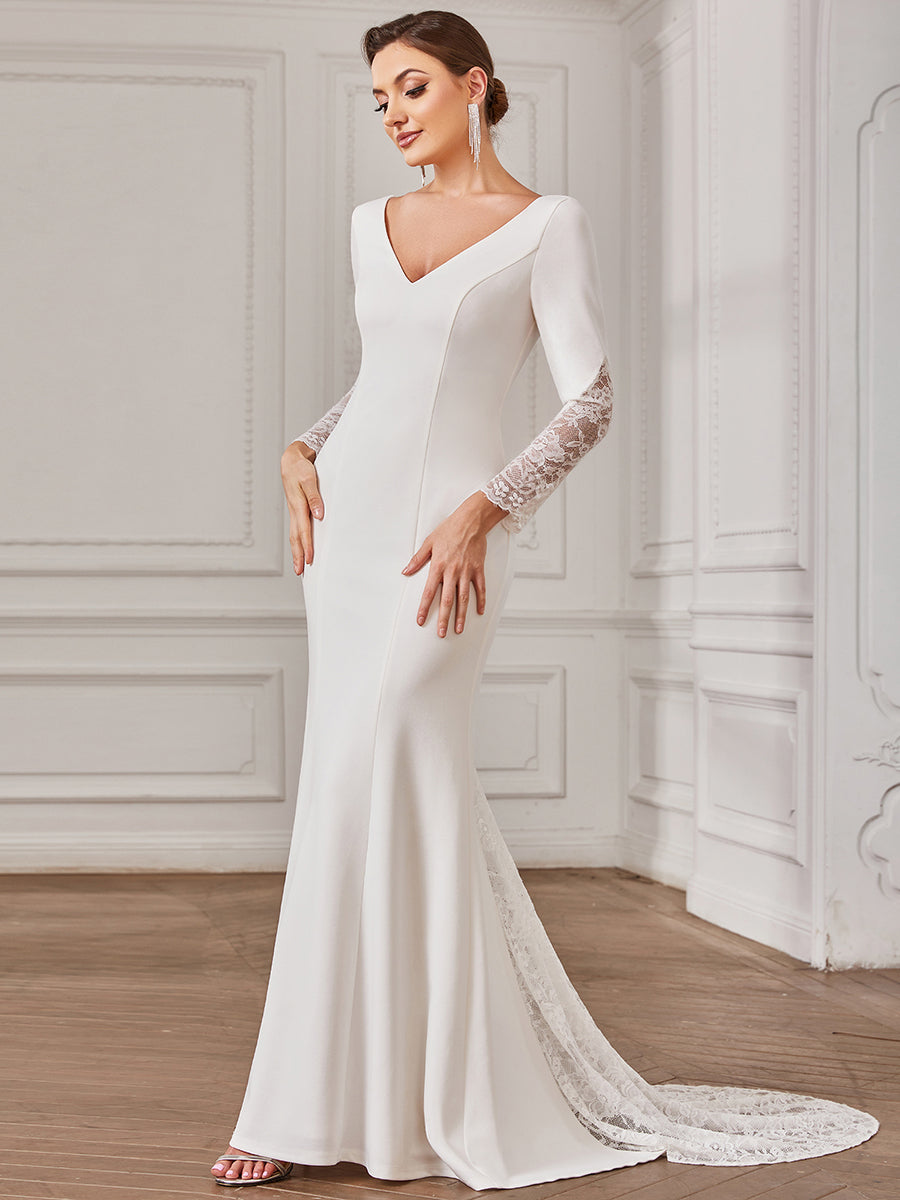 A-line Lace Wedding Gown with Long Sleeves and Plunging Neckline