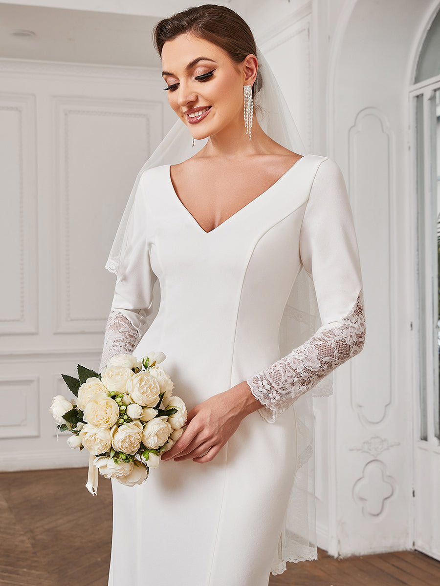 A-line Lace Wedding Gown with Long Sleeves and Plunging Neckline