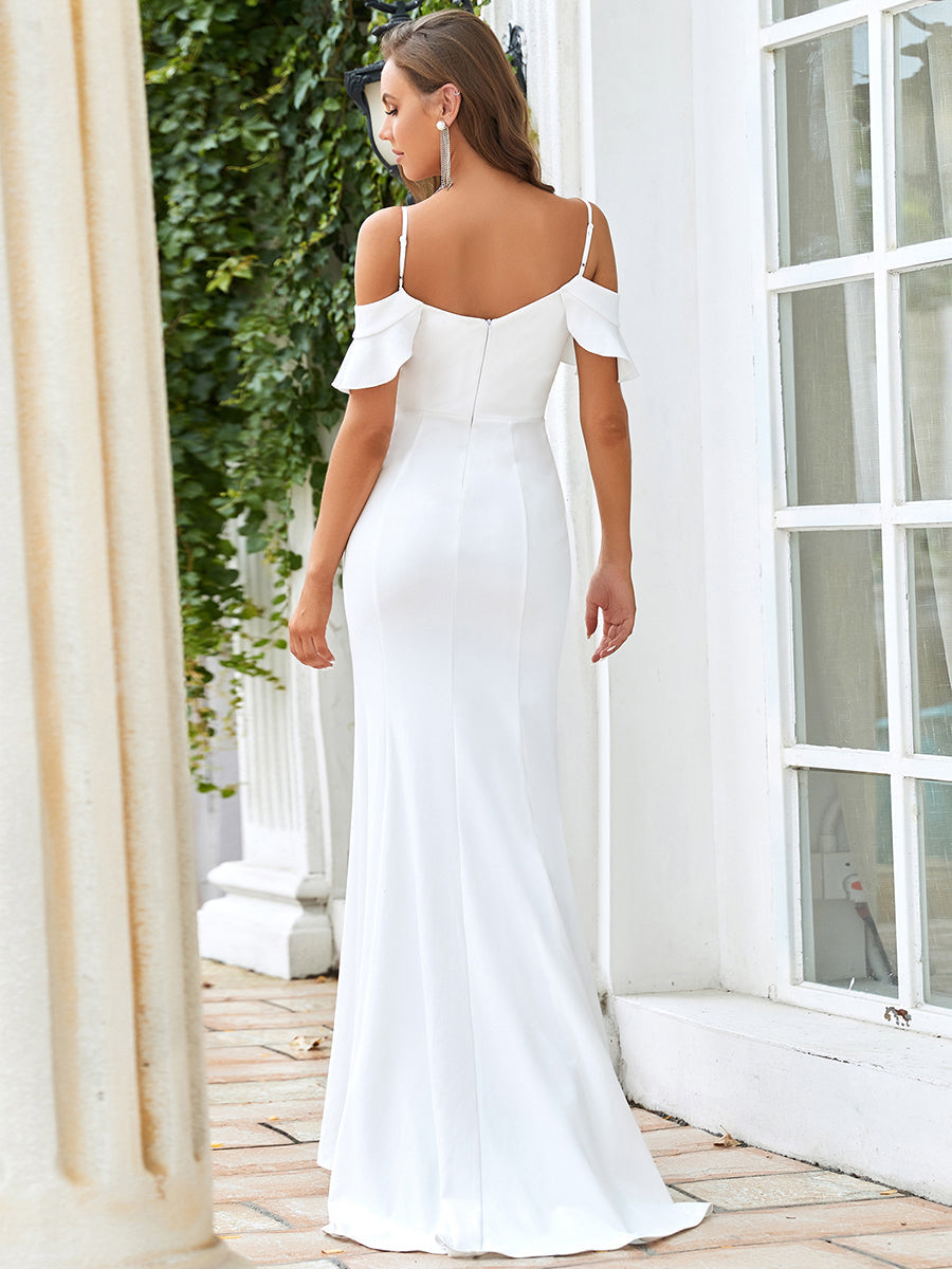 A Line Wedding Gown with Elegant Ruffle Sleeves and Split