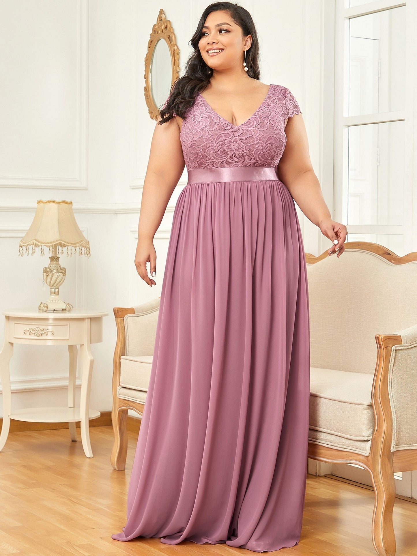 A-line Deep V-neck Bridesmaid Dress with Sleeves
