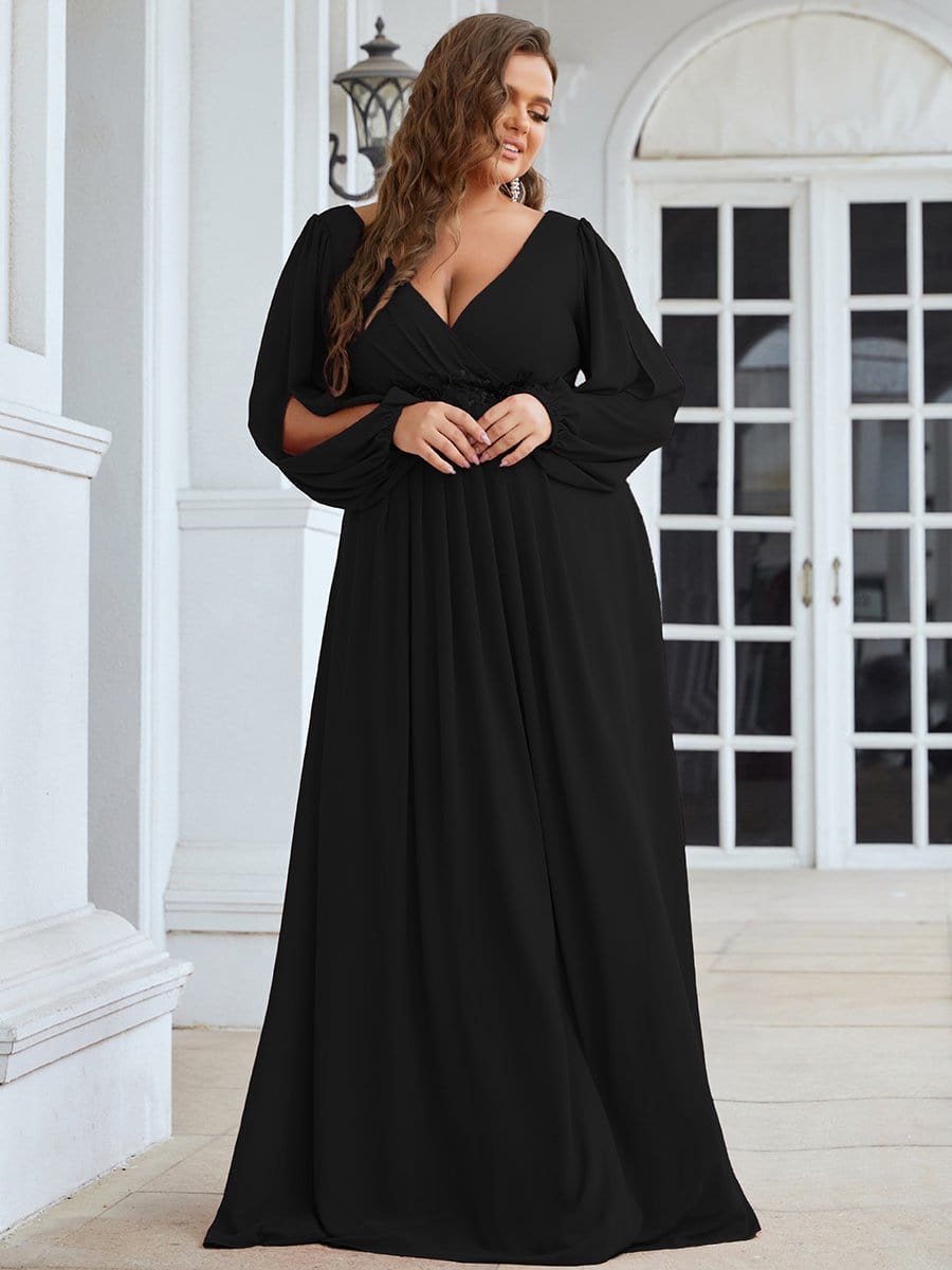 Chic Plus Size Chiffon Evening Gown with Long Lantern Sleeves and Applique Embellishment