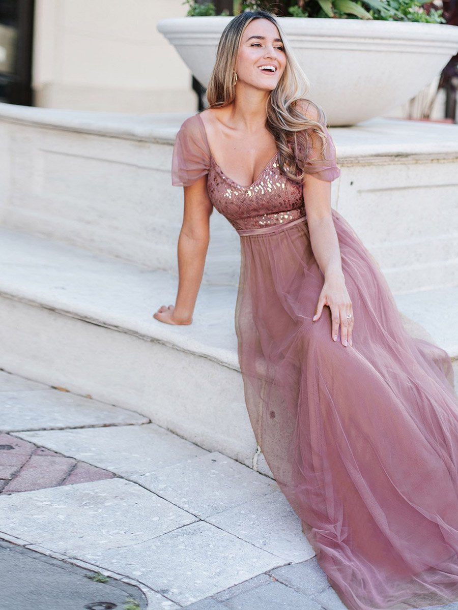 A-Line Tulle Bridesmaid Dress with Sweetheart Neckline and Ruffle Sleeves