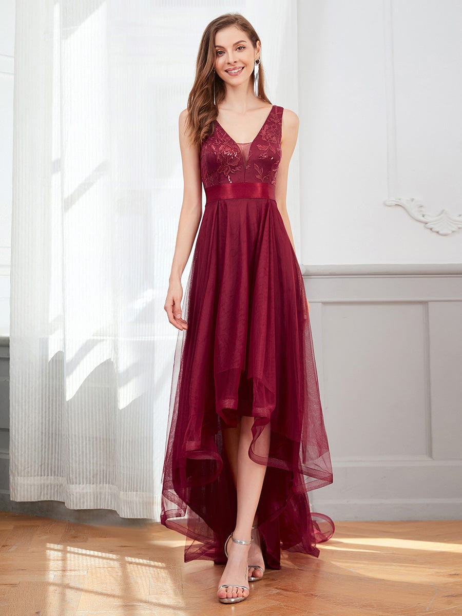 V-Neck Sequin Embellished Tulle High-Low Formal Dress