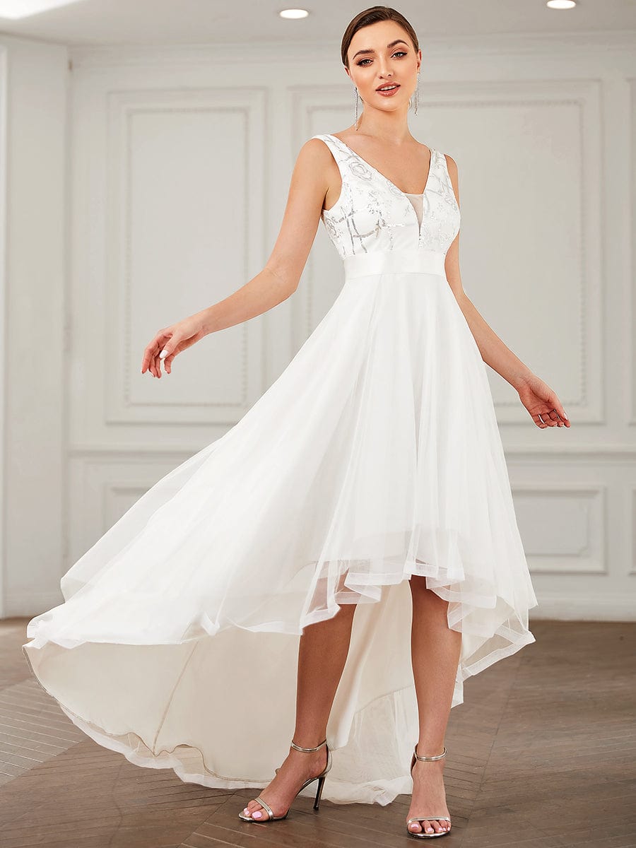 V-Neck Sequin Embellished Tulle High-Low Formal Dress