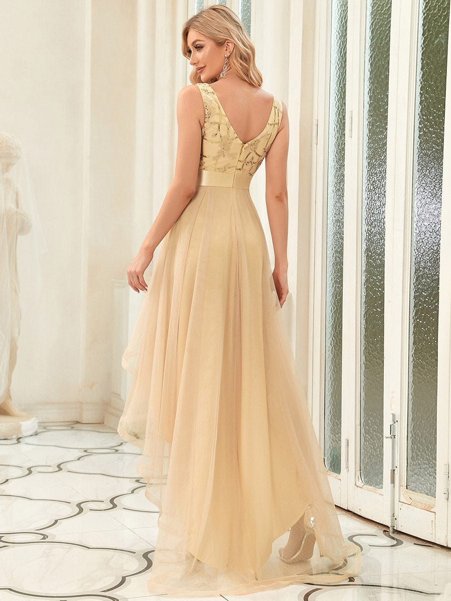 V-Neck Sequin Embellished Tulle High-Low Formal Dress