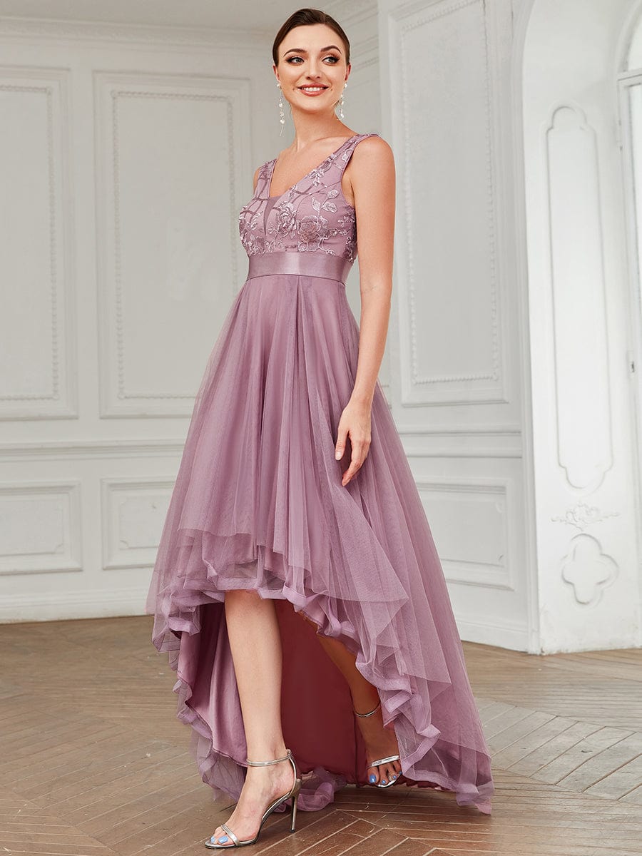 V-Neck Sequin Embellished Tulle High-Low Formal Dress