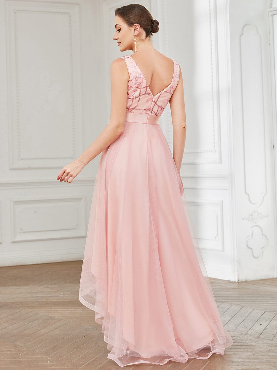 V-Neck Sequin Embellished Tulle High-Low Formal Dress