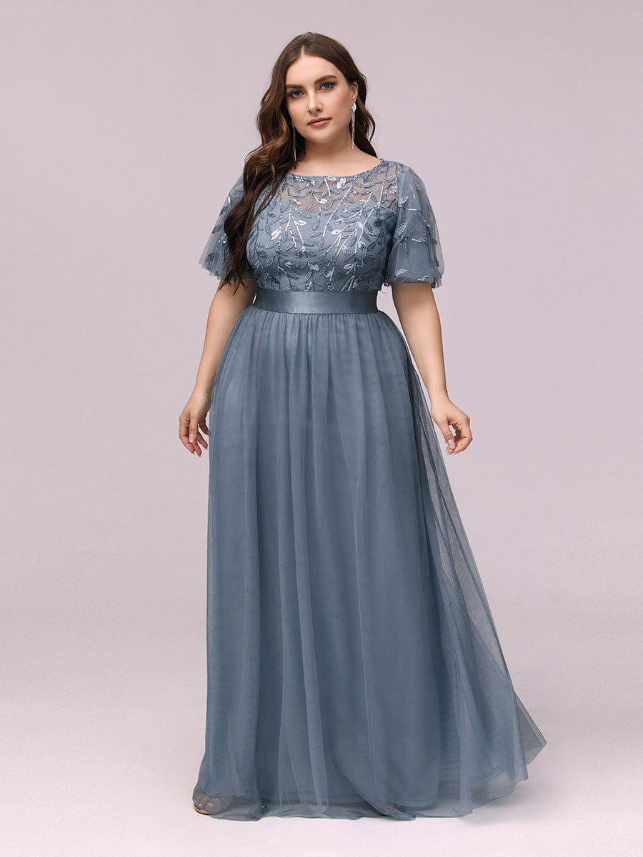 Glittering Sequin Evening Gown with Cap Sleeves and Waist Detail
