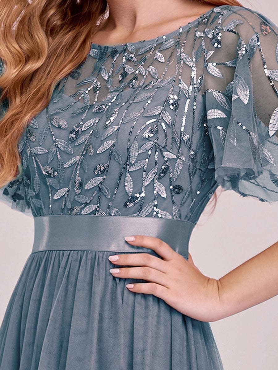 Glittering Sequin Evening Gown with Cap Sleeves and Waist Detail