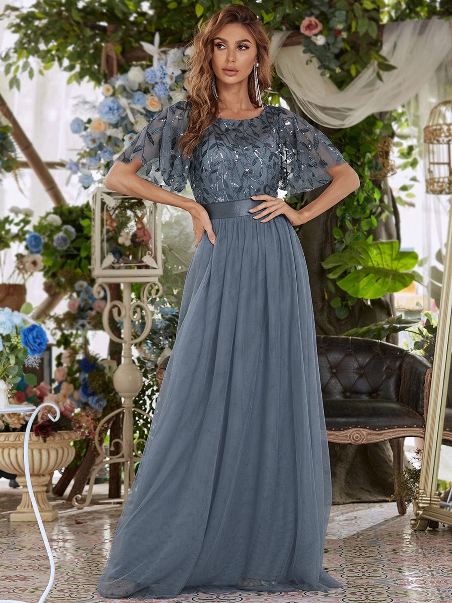 Glittering Sequin Evening Gown with Cap Sleeves and Waist Detail
