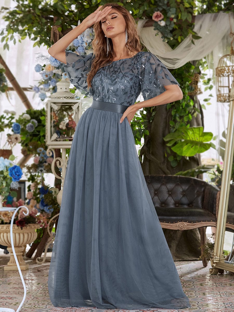 Glittering Sequin Evening Gown with Cap Sleeves and Waist Detail