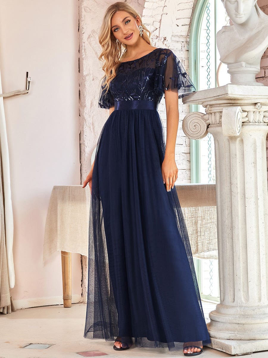 Glittering Sequin Evening Gown with Cap Sleeves and Waist Detail