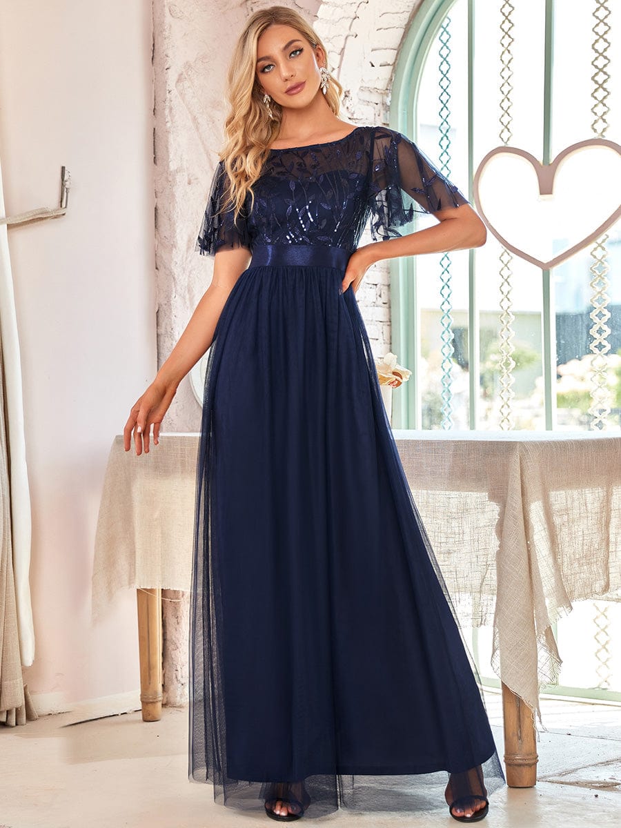 Glittering Sequin Evening Gown with Cap Sleeves and Waist Detail