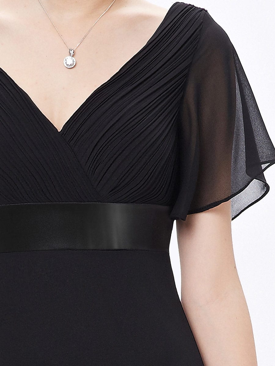 Flutter Sleeve Double V-Neck Plus Size Evening Gown with Ruffled Empire Waist