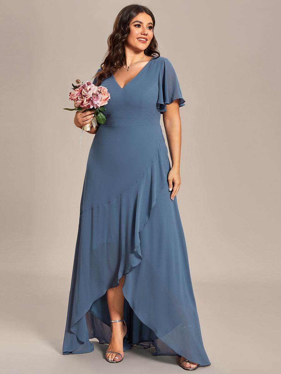 A-Line Chiffon Bridesmaid Dress with High-Low Ruffles in V-Neck Style