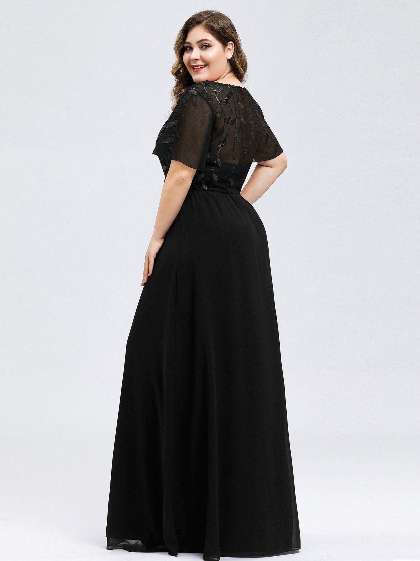 Elegant Floral Sequin Plus Size Evening Gown with Cap Sleeves