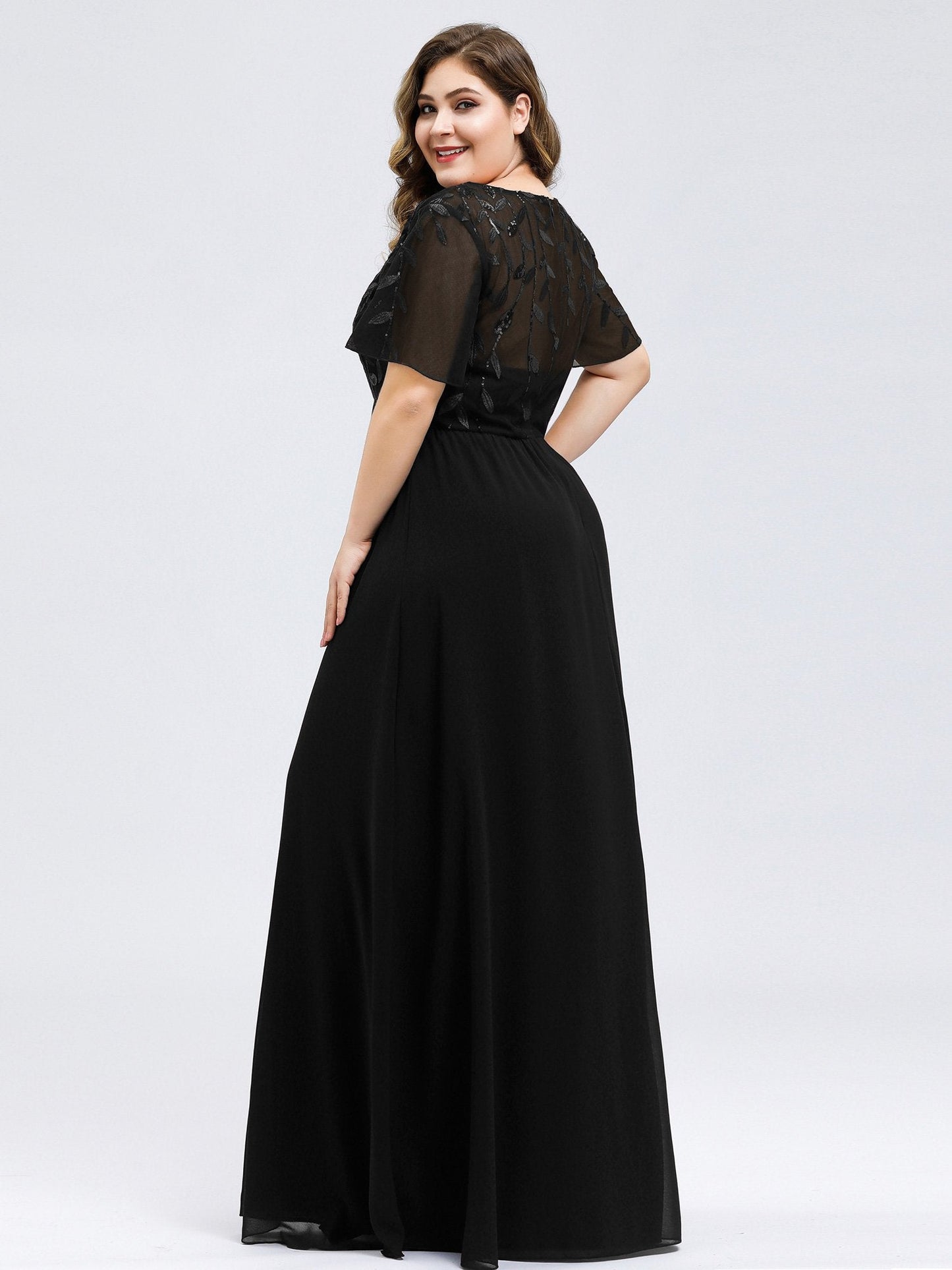 Elegant Plus Size Floral Sequin Evening Gown With Cap Sleeves