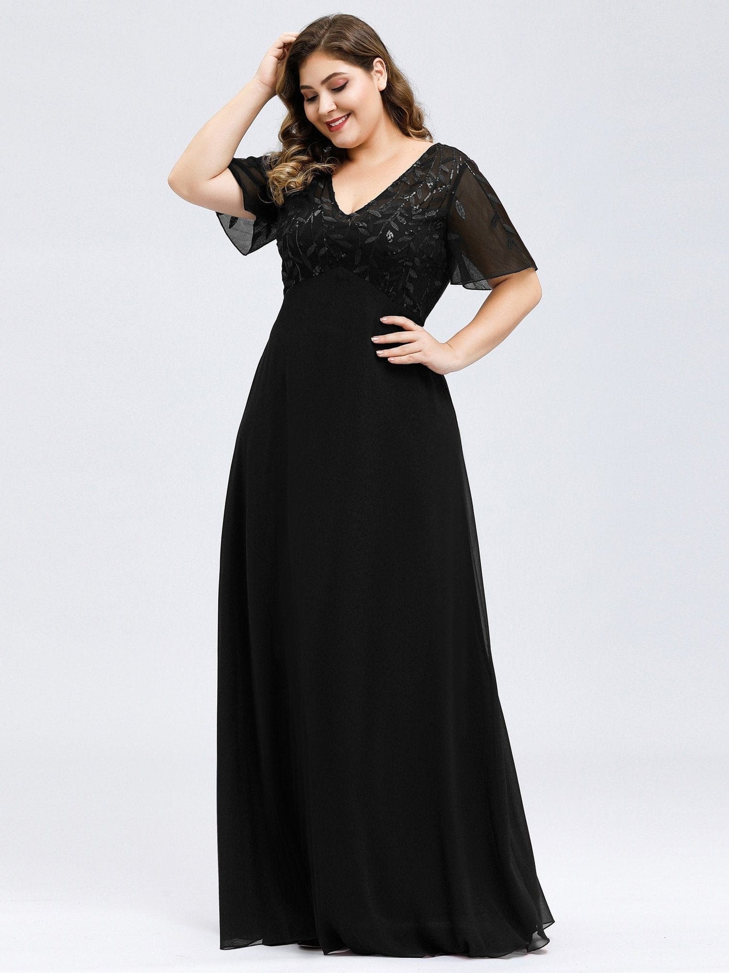 Elegant Floral Sequin Plus Size Evening Gown with Cap Sleeves