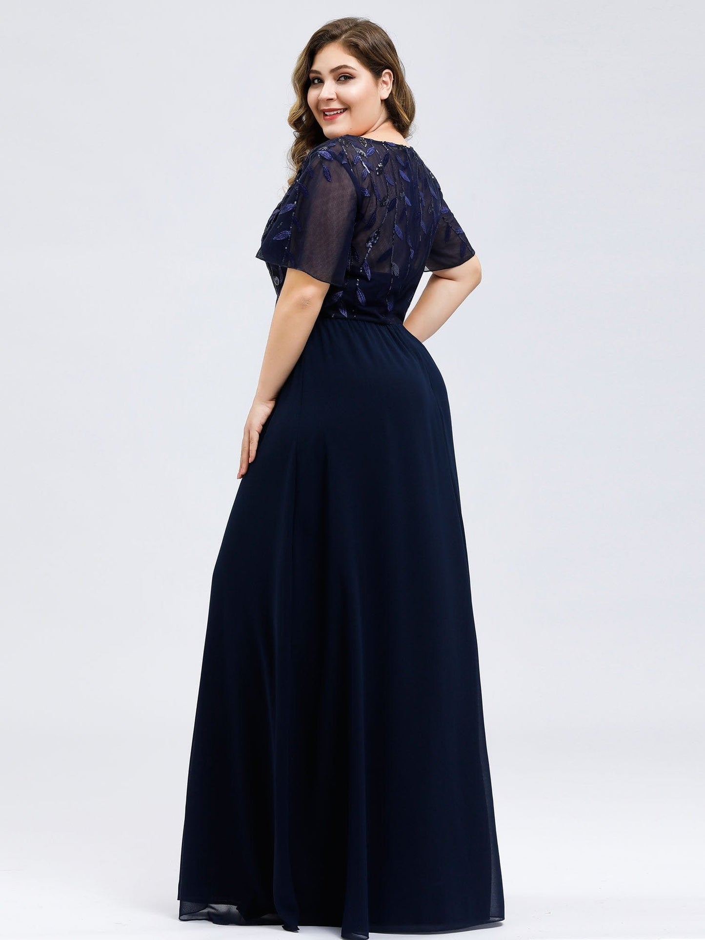 Elegant Floral Sequin Plus Size Evening Gown with Cap Sleeves