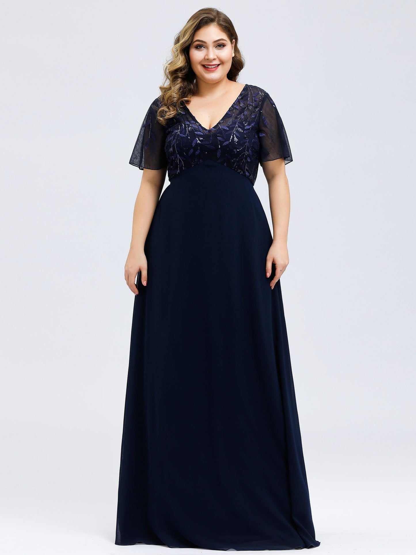 Elegant Floral Sequin Plus Size Evening Gown with Cap Sleeves