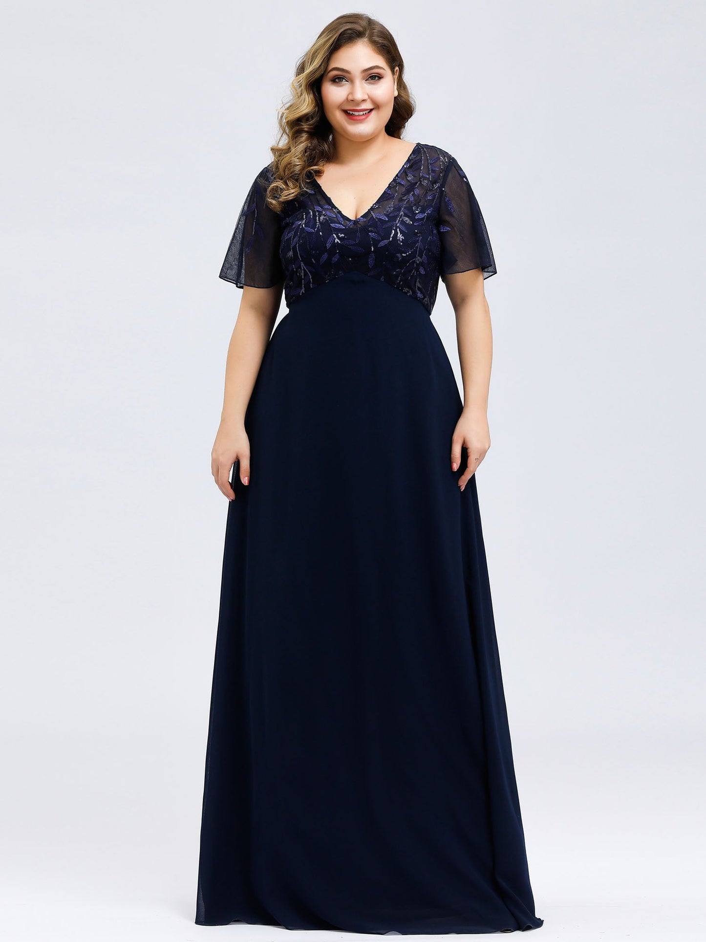 Elegant Plus Size Floral Sequin Evening Gown With Cap Sleeves