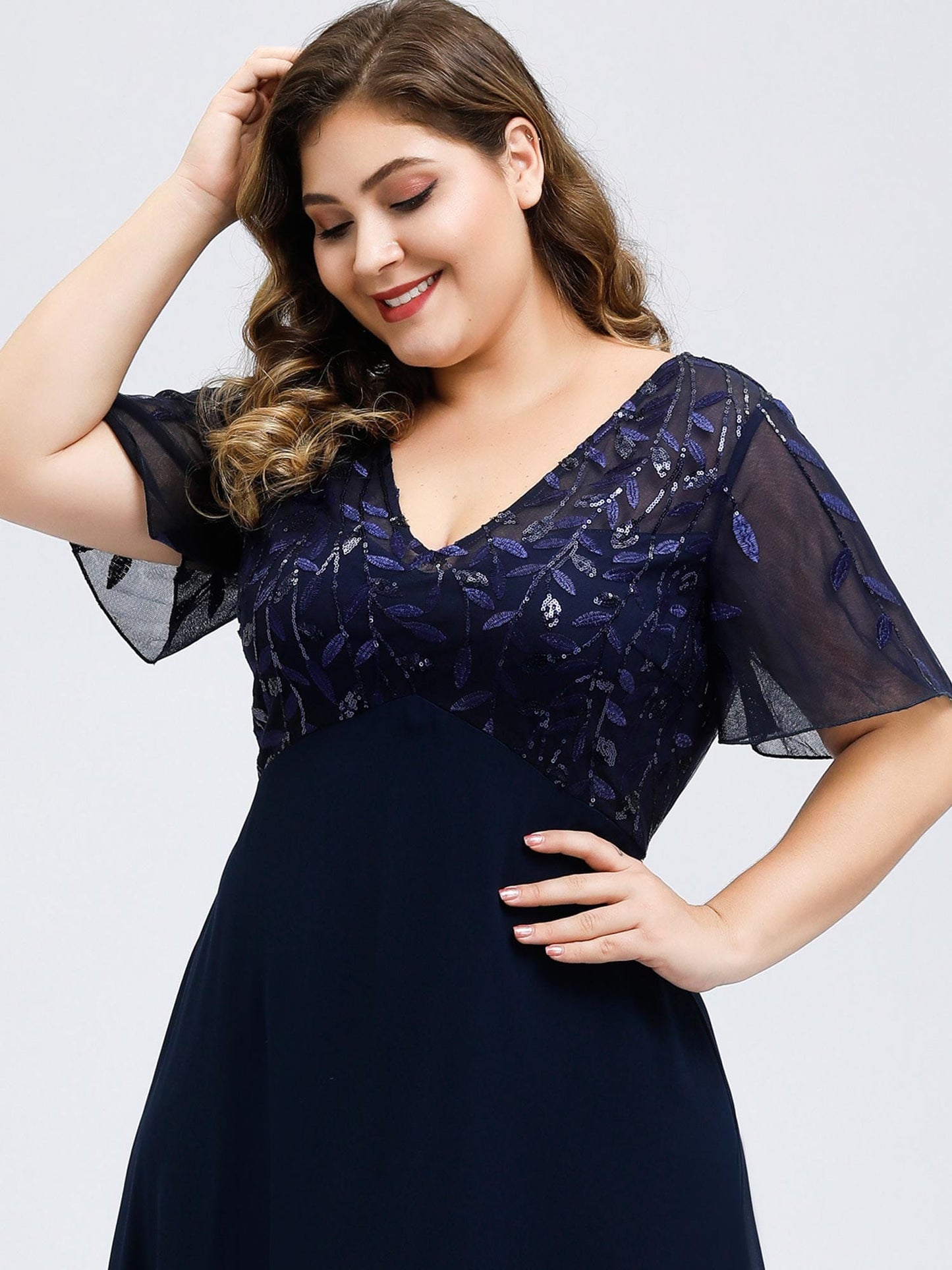 Elegant Floral Sequin Plus Size Evening Gown with Cap Sleeves