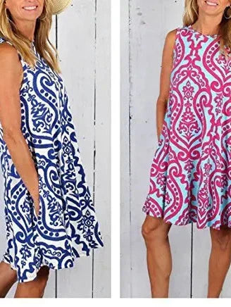 New Women Summer Dress Fashion Floral Print Sleeveless Dresses Casual Dresses Female Robe 50 Colors Vestidos Midi Sundress