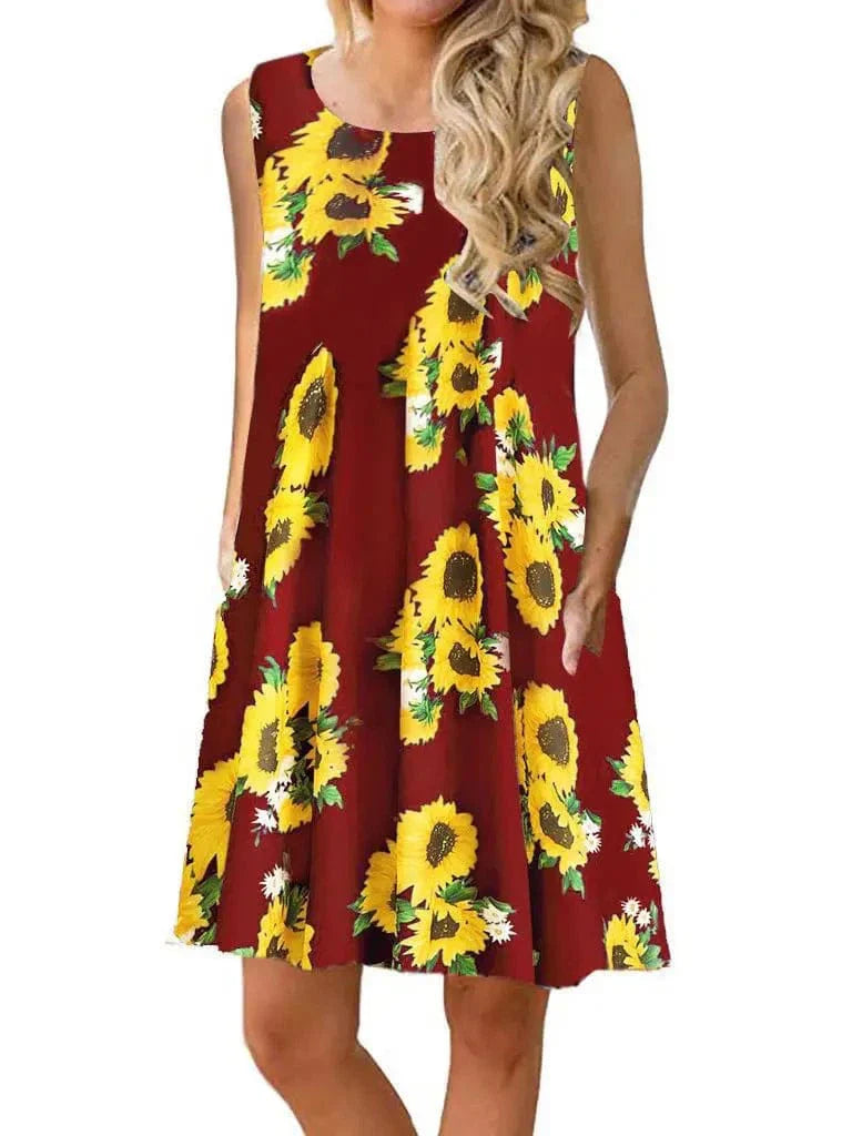 New Women Summer Dress Fashion Floral Print Sleeveless Dresses Casual Dresses Female Robe 50 Colors Vestidos Midi Sundress